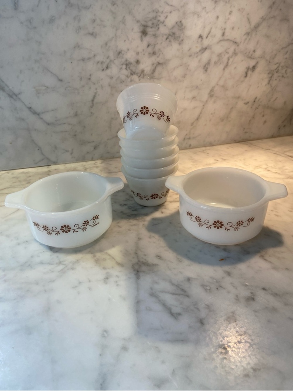 Set of Vintage Dynaware Pyr-O-Rey White Milk Glass Bowls w/Brown Floral Design